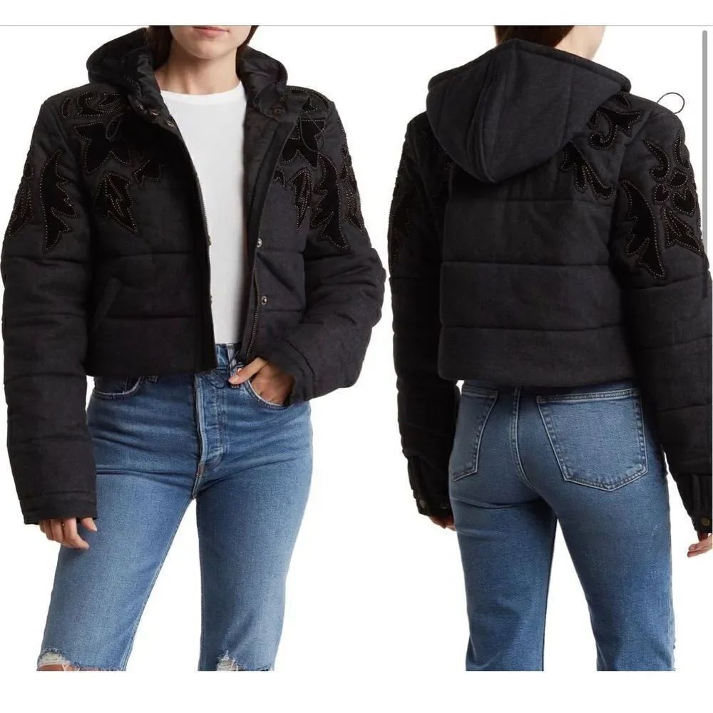 FREE PEOPLE Fleur De Lis Denim Puffer Jacket In Black size L NWT